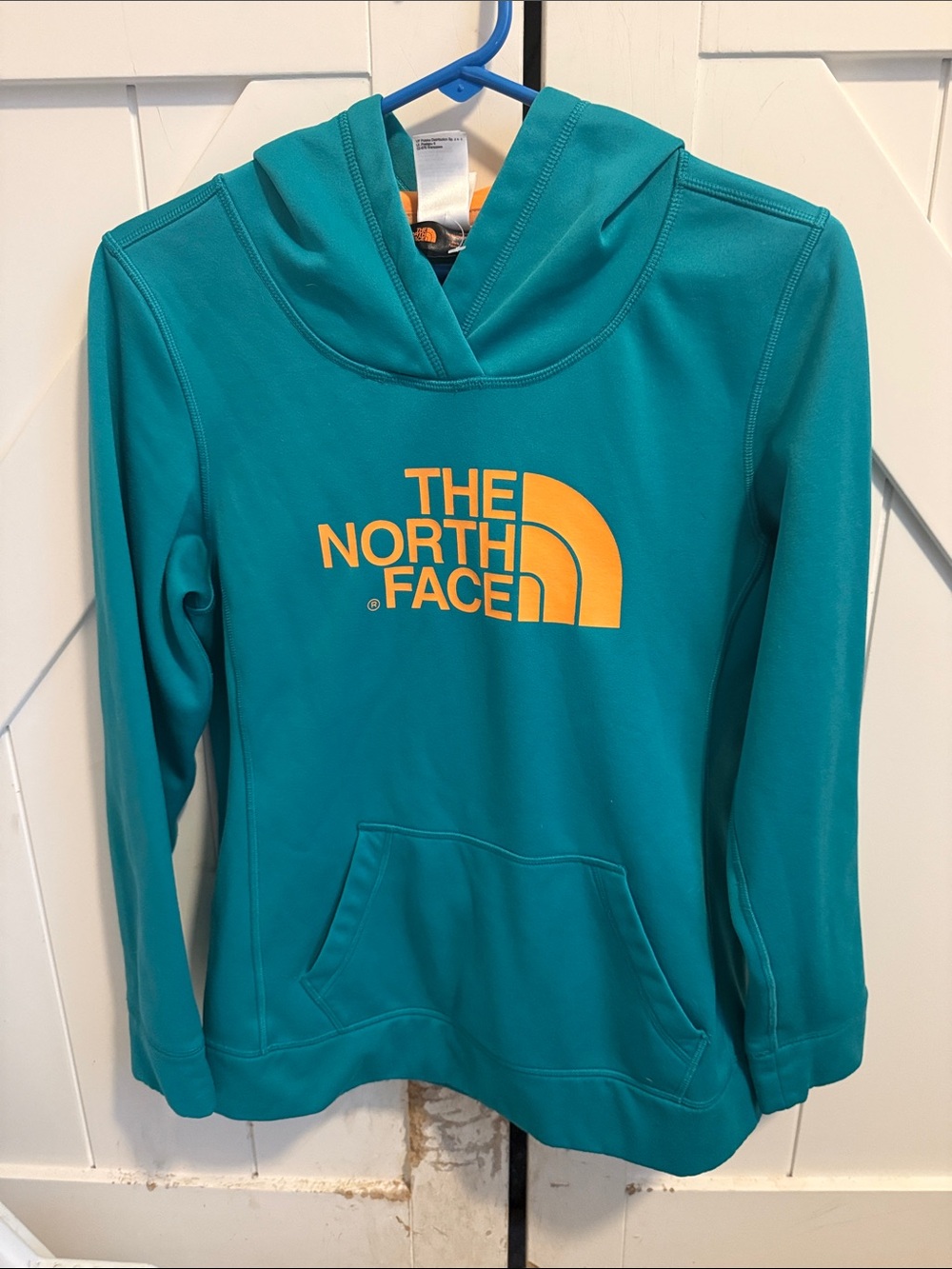 The North Face Teal Hoodie with Yellow Logo